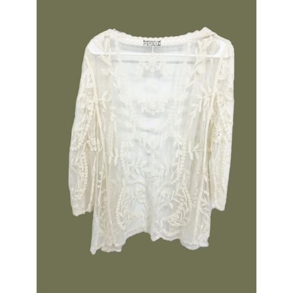 Nina Leonard White Laced Embroidered Mesh Swimwear Coverup Cardigan 3/4 Sleeve - Picture 3 of 5